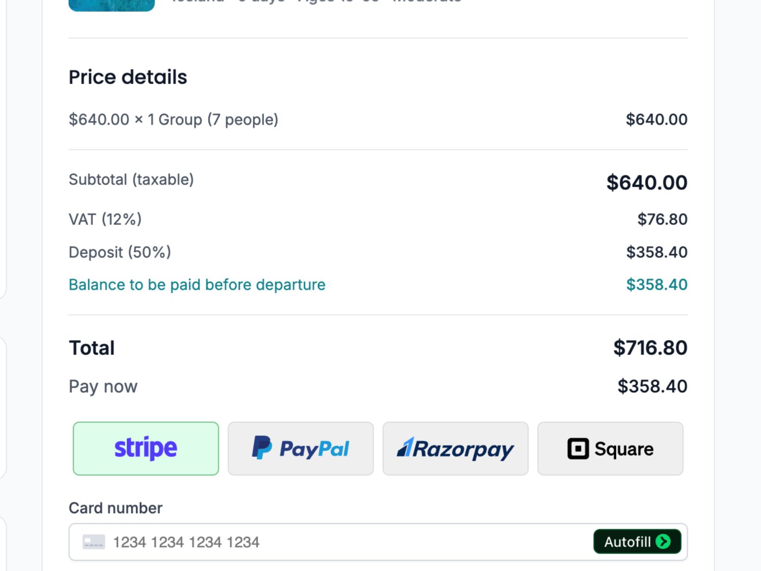 Scenic private tour ready for deposit checkout