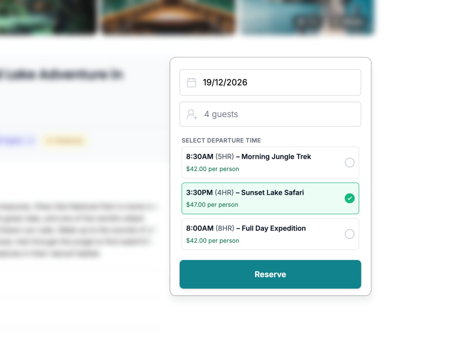 Guest booking widget with selectable departure time slots